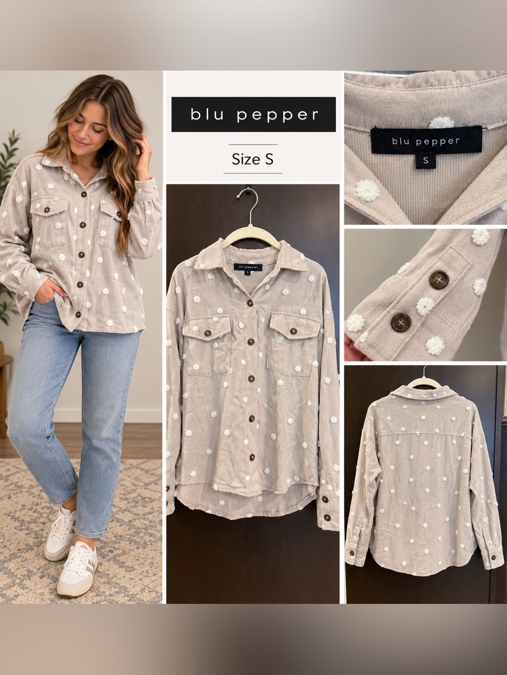 blu pepper Taupe Dot Button-Down Shacket